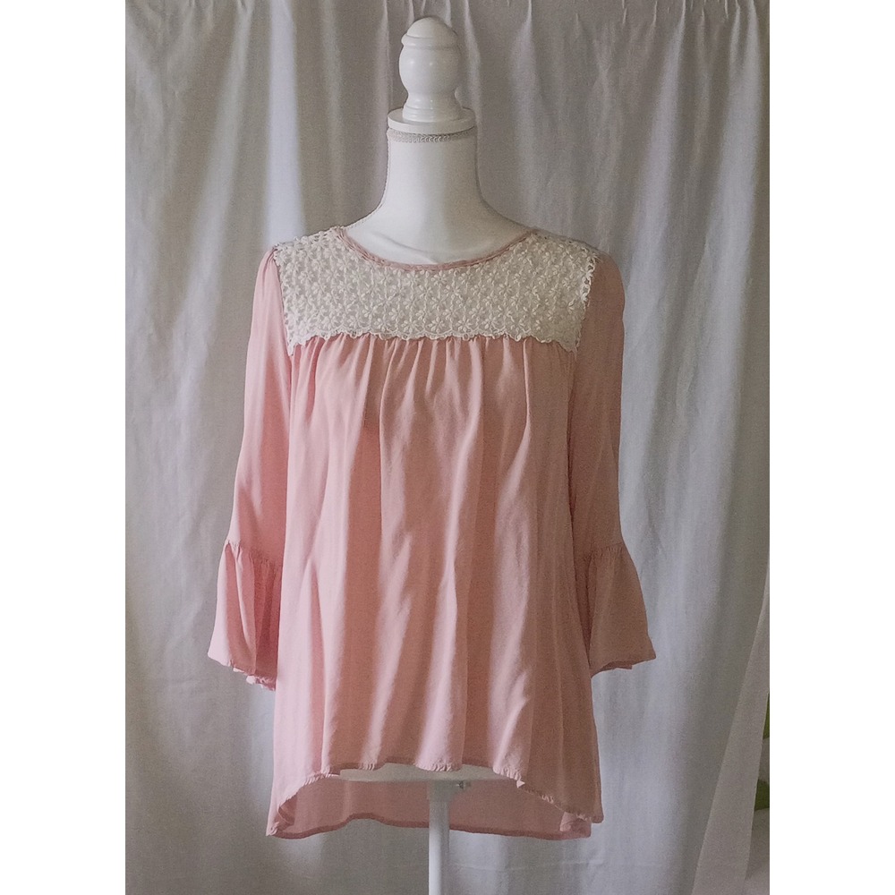 Peasant Ethereal  Pink Lace Yoke Bell Sleeve Blouse Top Rose Floral Cottagecore